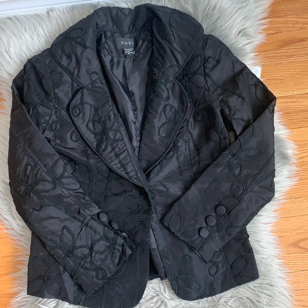 Black Floral Embroidered Fitted Jacket with Button Closure